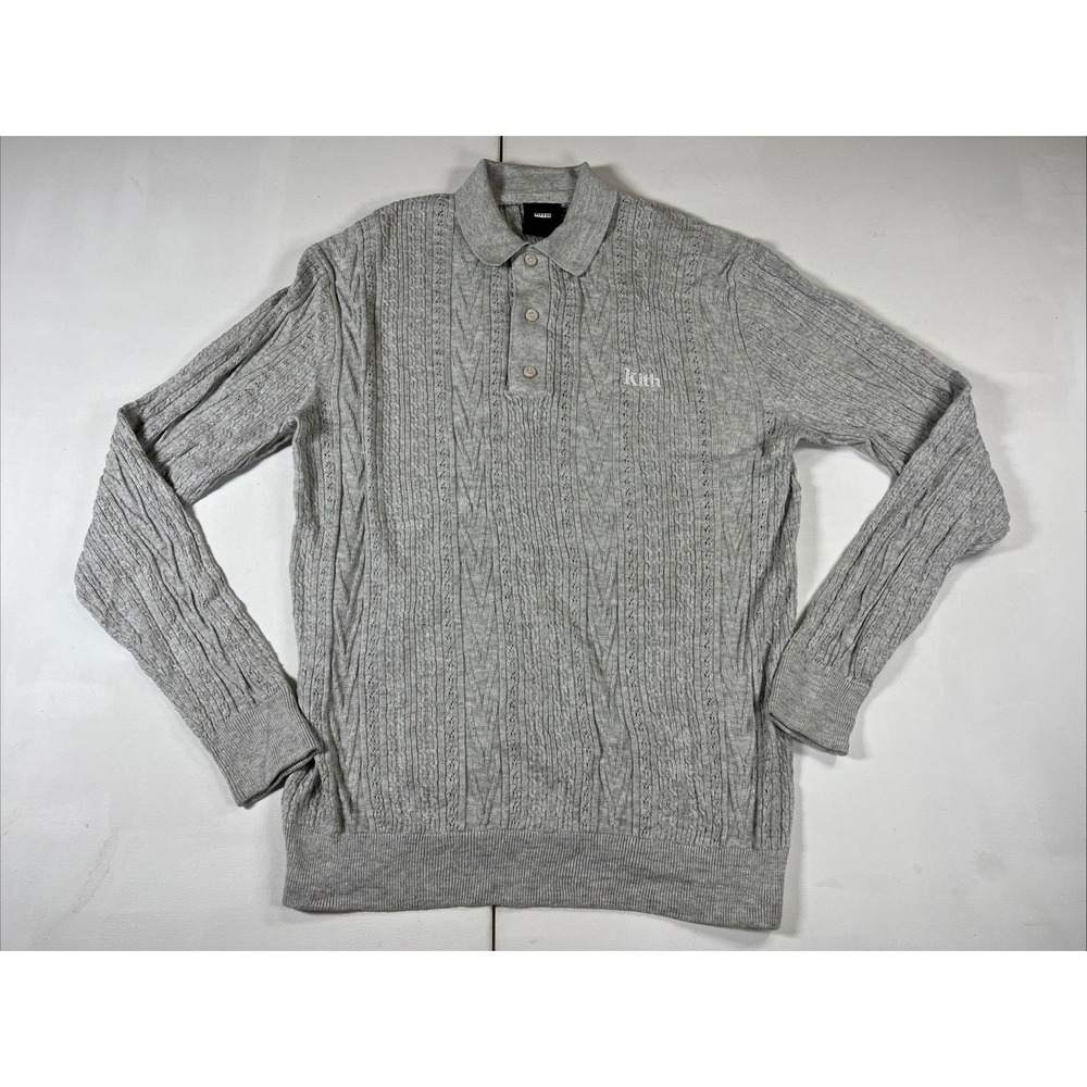 Kith Polo Sweater Cable Knit Gray Embroidered Collar Lightweight Mens S
